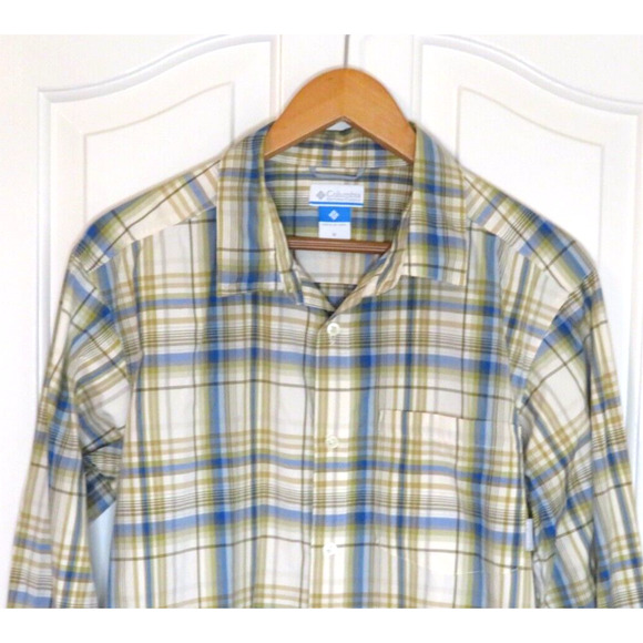 Columbia Men's Long Sleeve Plaid Nylon Button Shirt White Blue Green - Size M - Picture 3 of 12